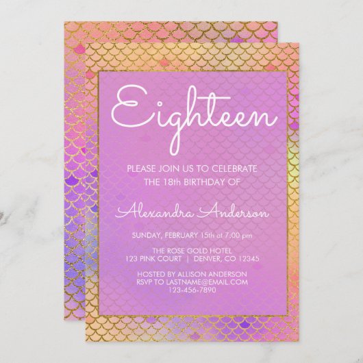 マーメイドパープル、ピンクとイエロー18誕生日 招待状 (正面/裏面)