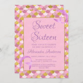 マーメイドパープル、ピンクと金ゴールドスウィート16誕生日 招待状 (正面/裏面)