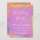 マーメイドパープル、ピンクと黄色の任意の年齢誕生日 招待状 (正面/裏面)