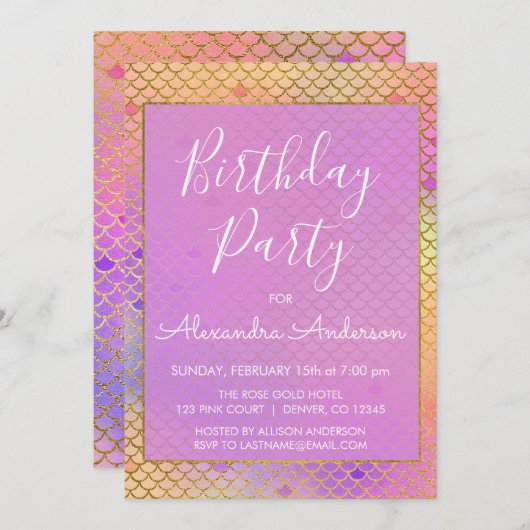 マーメイドパープル、ピンクと黄色の任意の年齢誕生日 招待状 (正面/裏面)