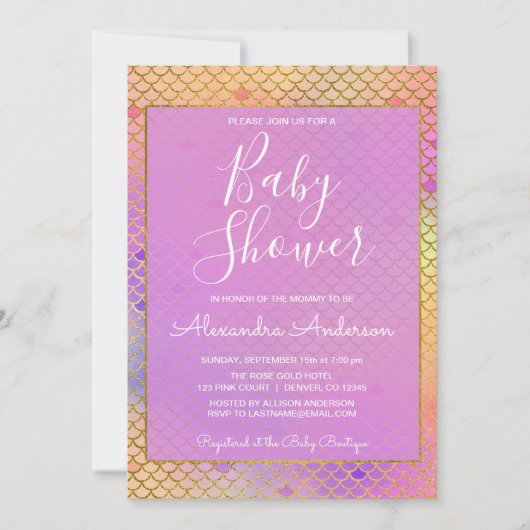 マーメイドパープル、ピンク&イエローガールのベビーシャワー 招待状 (正面)