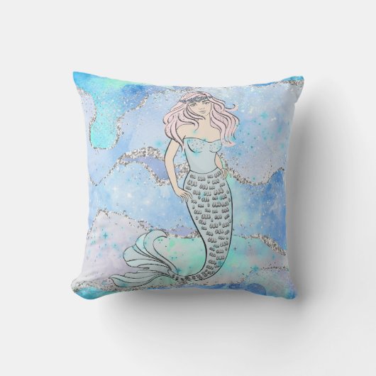 マーメイドビューティフル水中ブルーティール（緑がかった色）グリッター クッション (正面)