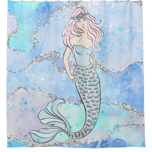 マーメイドビューティフル海ブルーティール(緑がかった色)グリッターシック シャワーカーテン (正面)