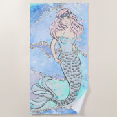 マーメイドビューティフル海ブルーティール(緑がかった色)グリッターシック ビーチタオル (正面)