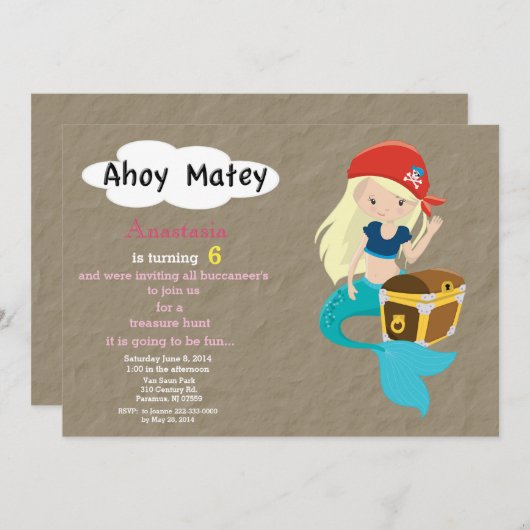 マーメイドピレートトレジャー狩り誕生日招待状 招待状 (正面/裏面)
