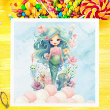 マーメイドピンクお洒落ブルーバースデーパーティナプキン