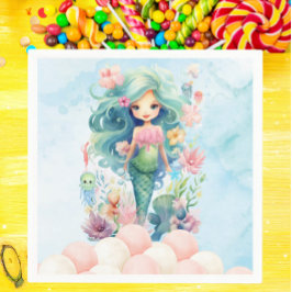 マーメイドピンクお洒落ブルーバースデーパーティナプキン スタンダードカクテルナプキン