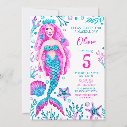 マーメイドピンクとターコイズガールズ誕生日パーティー 招待状 (正面)