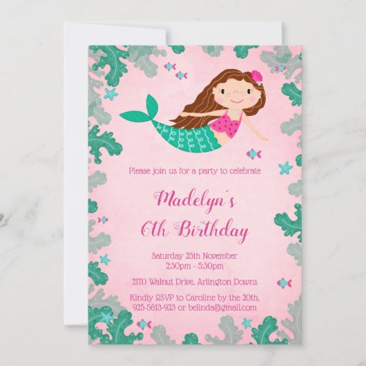 マーメイドピンクアンダーザシー誕生日招待状 招待状 (正面)