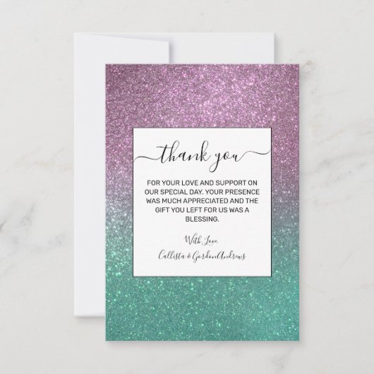 マーメイドピンクグリーンスパークリーグリッター グラデーション サンキューカード (正面)