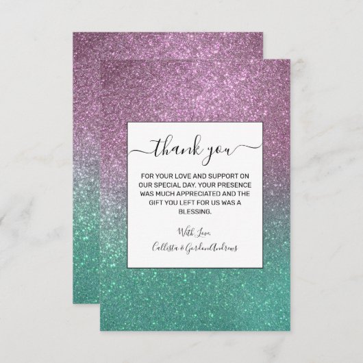 マーメイドピンクグリーンスパークリーグリッター グラデーション サンキューカード (正面/裏面)