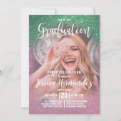 マーメイドピンクトリプルグリッター写真卒業 招待状 (正面)