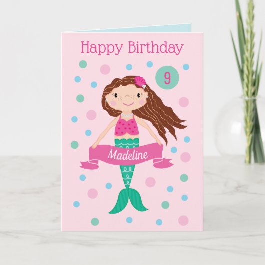 マーメイドピンクパーソナライズされた年齢と名前誕生日カード カード (正面)