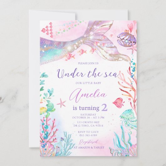 マーメイドピンクパープルアンダーザシー誕生日 招待状 (正面)