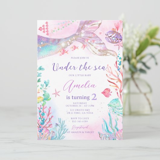 マーメイドピンクパープルアンダーザシー誕生日 招待状 (スタンド正面)