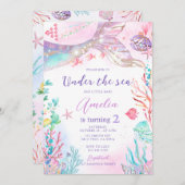 マーメイドピンクパープルアンダーザシー誕生日 招待状 (正面/裏面)
