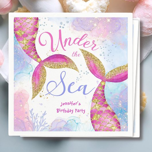 マーメイドピンクパープルガールズバースデーパーティー スタンダードカクテルナプキン