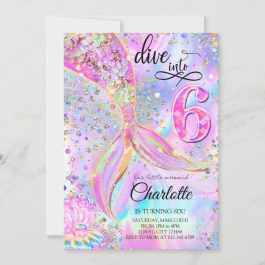 マーメイドピンクパープルダイビング6誕生日 招待状 (正面)