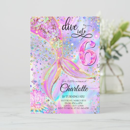 マーメイドピンクパープルダイビング6誕生日 招待状 (スタンド正面)