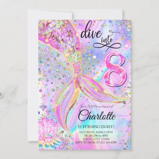 マーメイドピンクパープルダイブインエイト誕生日 招待状 (正面)