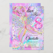 マーメイドピンクパープルダイブインエイト誕生日 招待状 (正面/裏面)