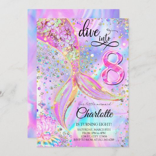 マーメイドピンクパープルダイブインエイト誕生日 招待状 (正面/裏面)