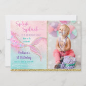 マーメイドピンクパープルファースト誕生日 招待状 (正面)