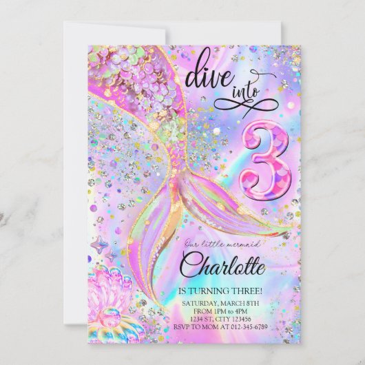 マーメイドピンクパープル誕生日ダイブインスリーズ 招待状 (正面)
