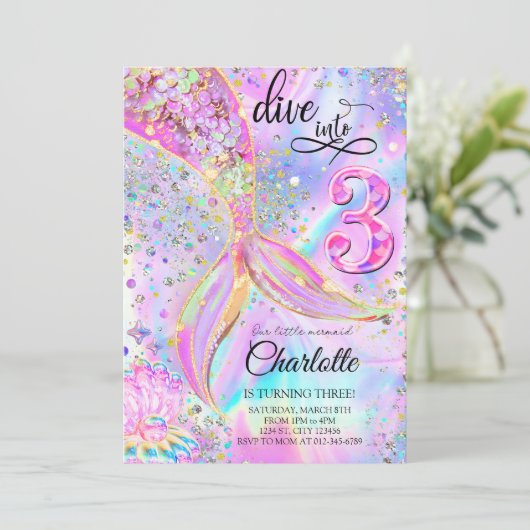 マーメイドピンクパープル誕生日ダイブインスリーズ 招待状 (スタンド正面)