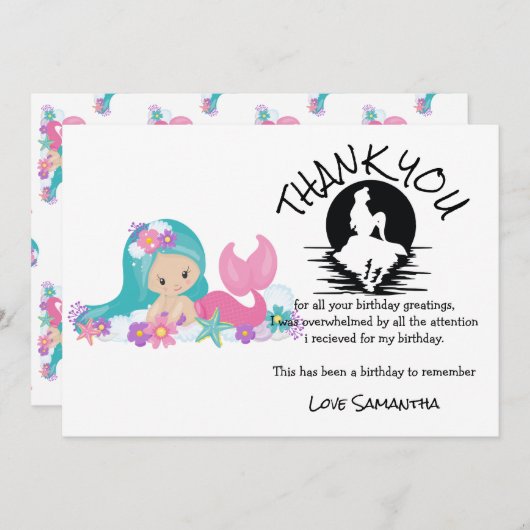 マーメイドピンクパープル誕生日パーティーありがとう 招待状 (正面/裏面)