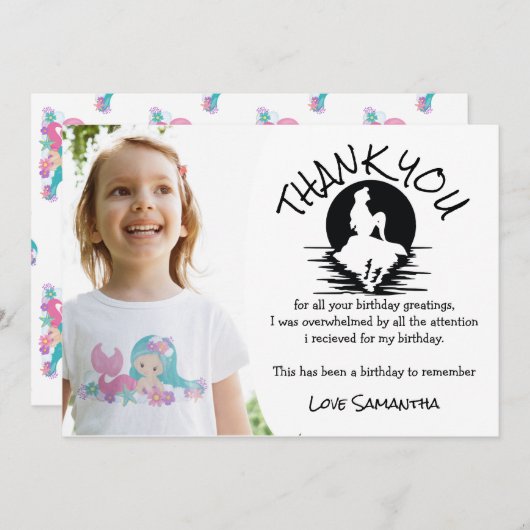 マーメイドピンクパープル誕生日パーティーありがとう 招待状 (正面/裏面)