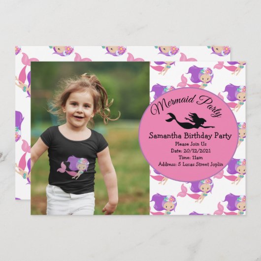 マーメイドピンクパープル誕生日パーティーへの招待 招待状 (正面/裏面)