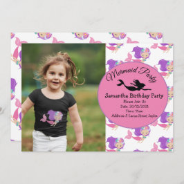 マーメイドピンクパープル誕生日パーティーへの招待 招待状