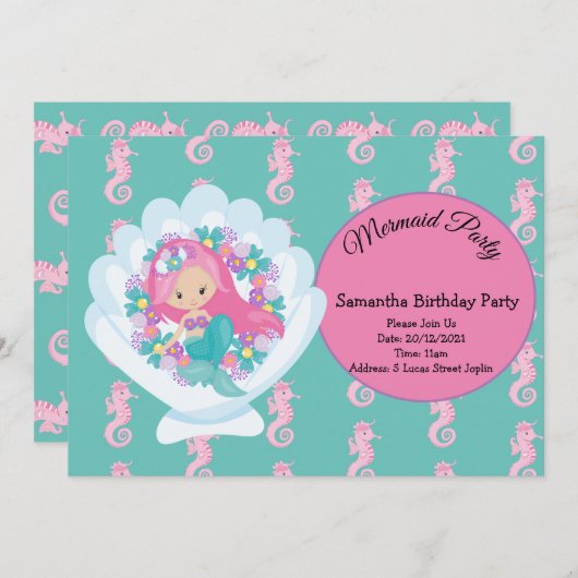 マーメイドピンクパープル誕生日パーティーへの招待 招待状 (正面/裏面)