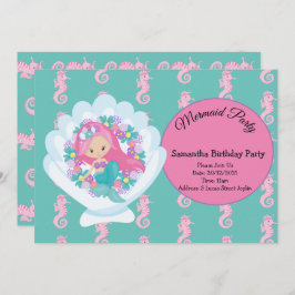 マーメイドピンクパープル誕生日パーティーへの招待 招待状