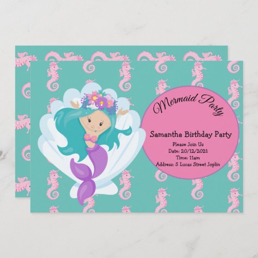 マーメイドピンクパープル誕生日パーティーへの招待 招待状 (正面/裏面)