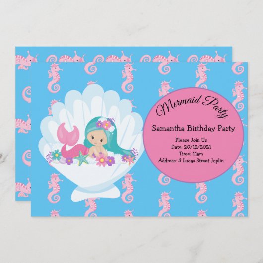 マーメイドピンクパープル誕生日パーティーへの招待 招待状 (正面/裏面)