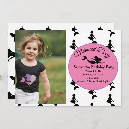 マーメイドピンクパープル誕生日パーティーへの招待 招待状 (正面/裏面)