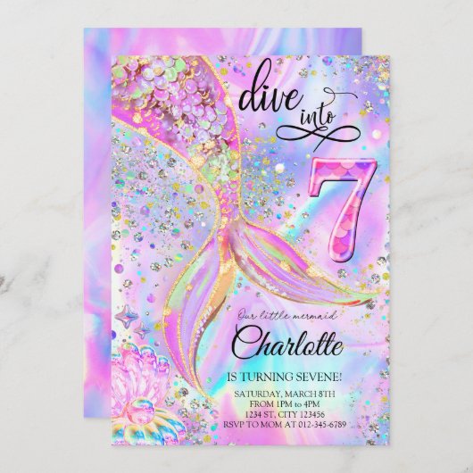 マーメイドピンクパープル誕生日招待状 招待状 (正面/裏面)