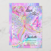 マーメイドピンクパープル誕生日4へのダイビング 招待状 (正面/裏面)