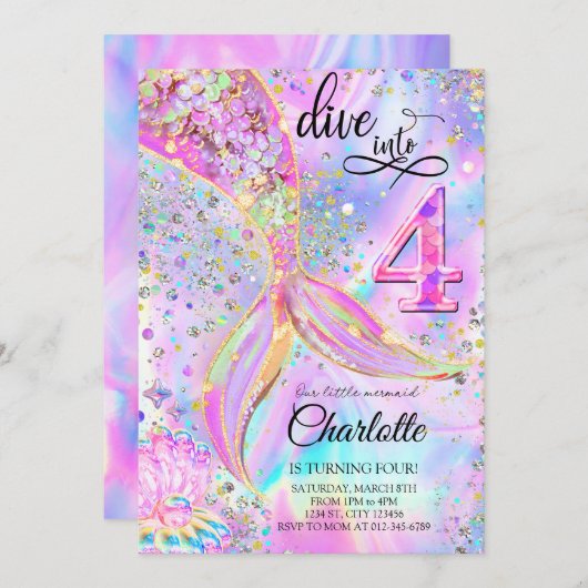 マーメイドピンクパープル誕生日4へのダイビング 招待状 (正面/裏面)