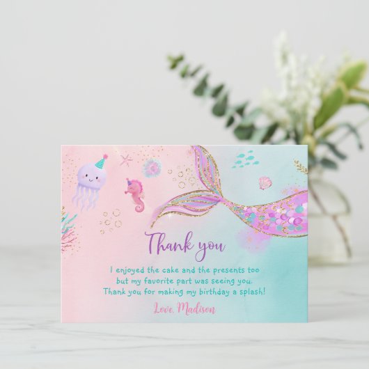 マーメイドピンクパープル誕生日 サンキューカード (スタンド正面)