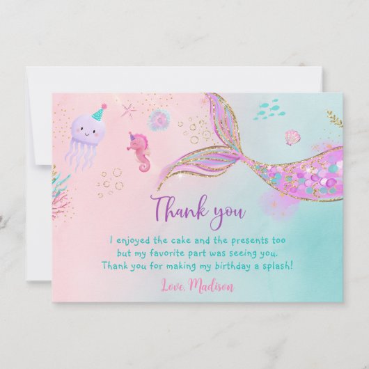 マーメイドピンクパープル誕生日 サンキューカード (正面)