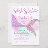 マーメイドピンクパープル金ゴールド水彩誕生日 招待状 (正面)