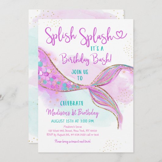 マーメイドピンクパープル金ゴールド水彩誕生日 招待状 (正面/裏面)
