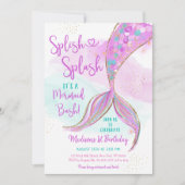 マーメイドピンクパープル金ゴールド水彩誕生日 招待状 (正面)
