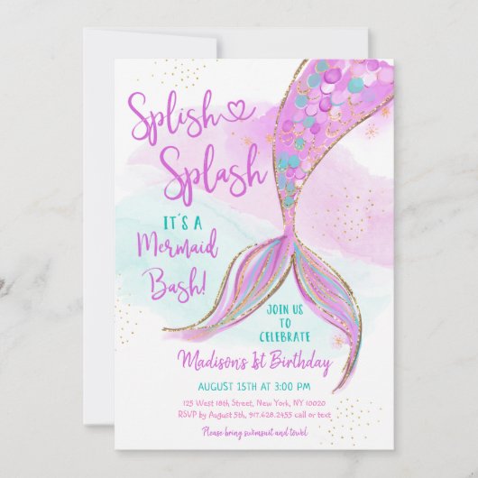 マーメイドピンクパープル金ゴールド水彩誕生日 招待状 (正面)