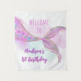 マーメイドピンクパープル金ゴールド誕生日背景 タペストリー