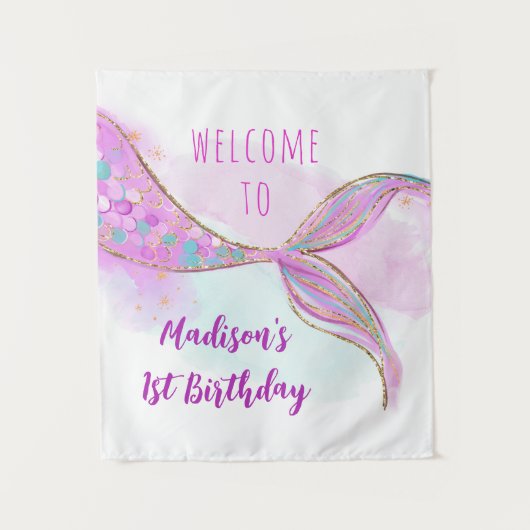 マーメイドピンクパープル金ゴールド誕生日背景 タペストリー (正面)