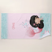 マーメイドピンクブルーダークヘアガールネームビーチタオル ビーチタオル (正面)